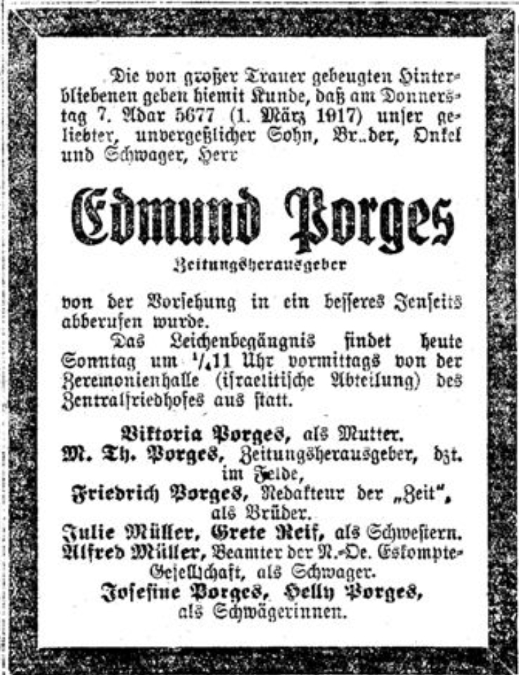 Death notice for Edmund Porges, Vienna 1917